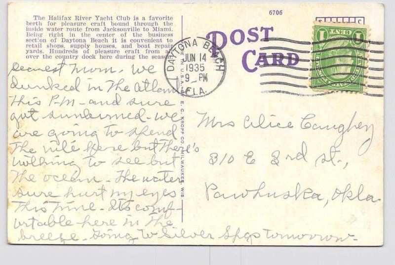 PPC POSTCARD FLORIDA DAYTONA BEACH HALIFAX YACHT CLUB 1935
