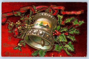 Chelsea MA Postcard Christmas Ringing Bell And Holly Berries Mistletoe Embossed
