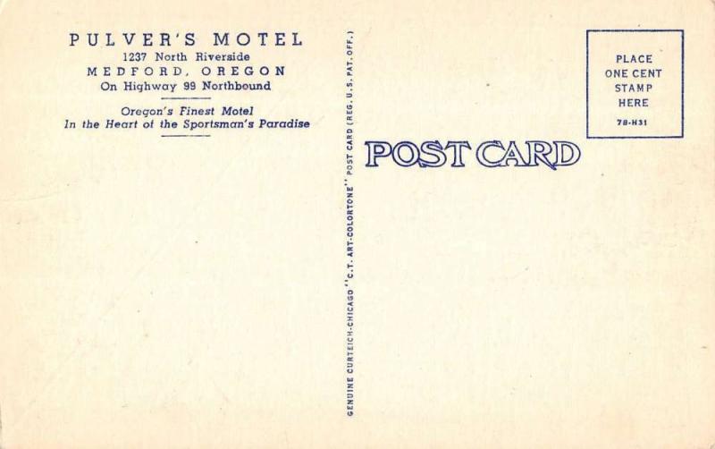 Medford Oregon birds eye view Pulvers Motel entrance linen antique pc Y14720