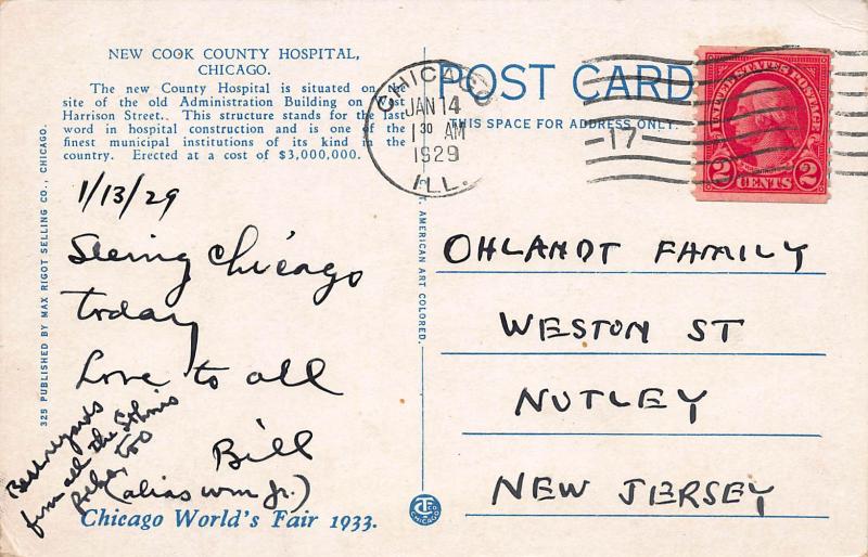 Cook County Hospital, Chicago, Illinois, Early Postcard, Used in 1929