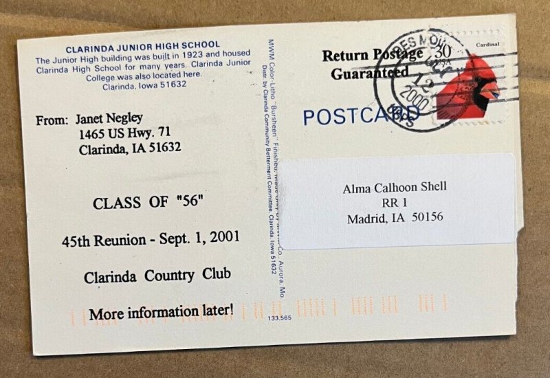 2000 USED POSTCARD - CLARINDA JUNIOR HIGH SCHOOL 1956 REUNION, CLARINDA, IOWA