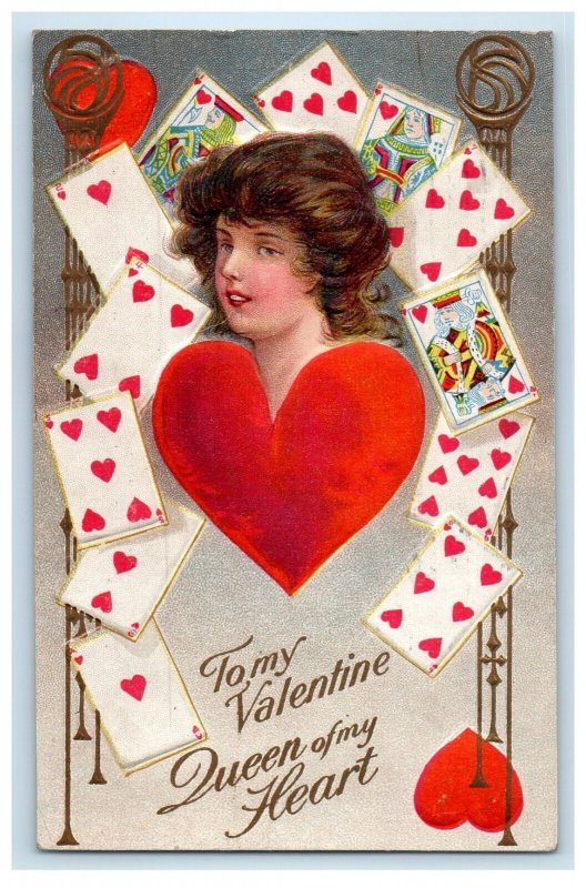 1910 Valentine Girl Playing Cards Queen Of My Heart Embossed Antique Postcard 