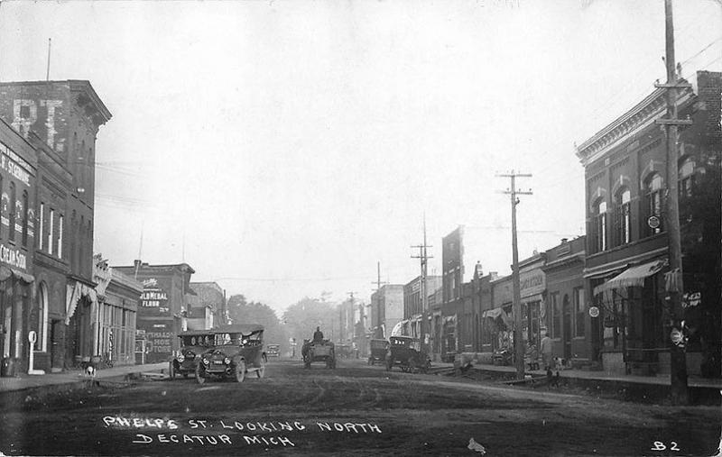 Decatur MI Dirt Phelps Street View Store Fronts Old Cars in 1922 RPPC Postcard