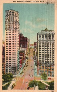 Vintage Postcard 1945 Woodward Avenue Buildings And Landmark Detroit Michigan MI