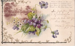 Greetings 1900 Flowers Violets and Lilly of the Valley Glitter vintage postcard