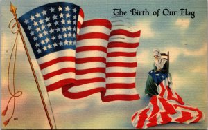 Vtg 1940's Birth Of Our Flag American Old Glory Betsy Ross Patriotic Postcard