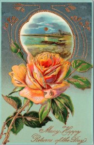 Postcard Many Happy Returns - Gilded rose with beach scene