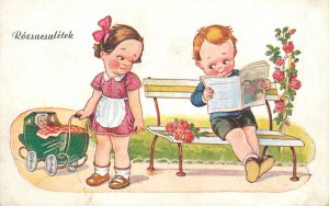 Comic drawn children greetings postcard Hungary roses bait humor