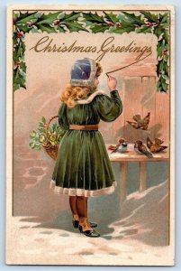 Christmas Postcard Greetings Girl With Holly Berries On Basket Birds Embossed