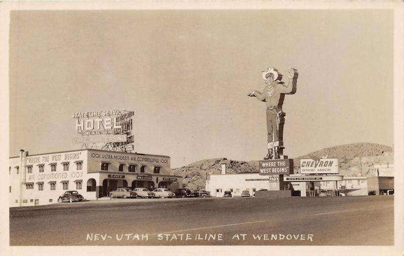 E88/ Nevada Utah State Line RPPC Postcard c40s Hotel Cowboy Sign Gast Startion