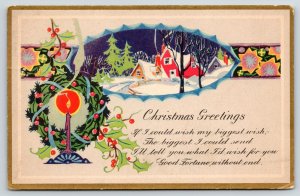 ART DECO Christmas~Colorful Candle Flame Wreath~Houses Night Scene Inset~1930
