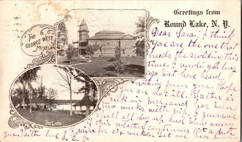 Greetings from Round Lake NY c1903, George West Museum, Lake Vtg Postcard R51