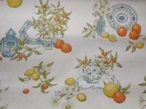 Vintage By the Yard Reed Wall Paper Kitchen Blue Delft Citrus Lemon Orange Daisy