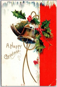 A Happy Christmas, 1909 Embossed Gold Bells, Holly & Berries, Vintage Postcard