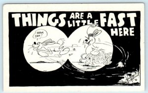 KEN HOLMES COMIC Things Are a Little Fast Here Rabbit Chases Dog Postcard 