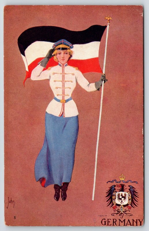 St John Foreign Girl~Germany~Military Lady Salutes~Holds Flag~National Seal~1905 