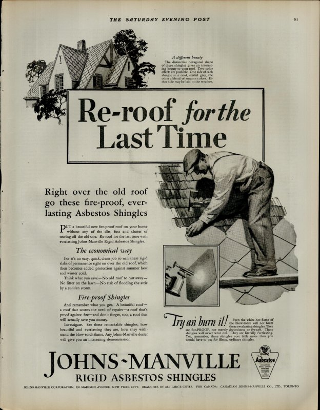 1927 Johns Manville Fire Proof Shingles Roof Man on Roof Vintage Print Ad 3904