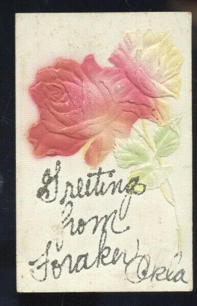 GREETINGS FROM FORAKER OKLAHOMA VINTAGE LARGE RED ROSE POSTCARD OKLA.