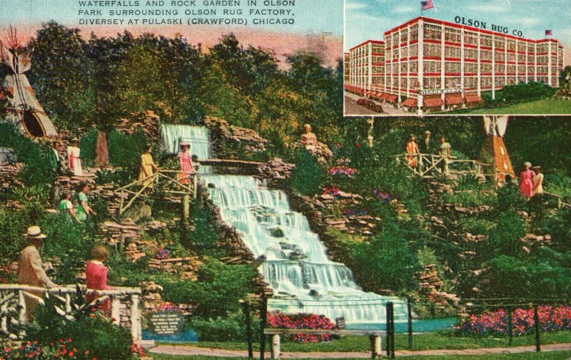 Vintage Postcard 1955 Waterfalls & Rock Garden in Olson Park Crawford Chicago
