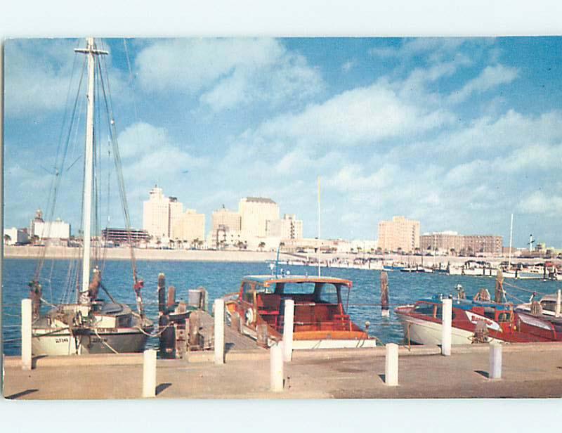 Unused 1950's BOAT & SEAWALL AND SKYLINE Corpus Christi Texas TX Q8634