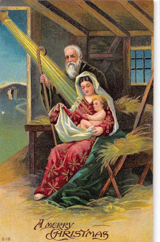 Merry Christmas Manger Scene Baby Jesus Mary Antique Postcard K44864