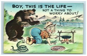 Comic Camping Bear & Rattlesnake Attack Camper Humor Linen Sanborn Postcard