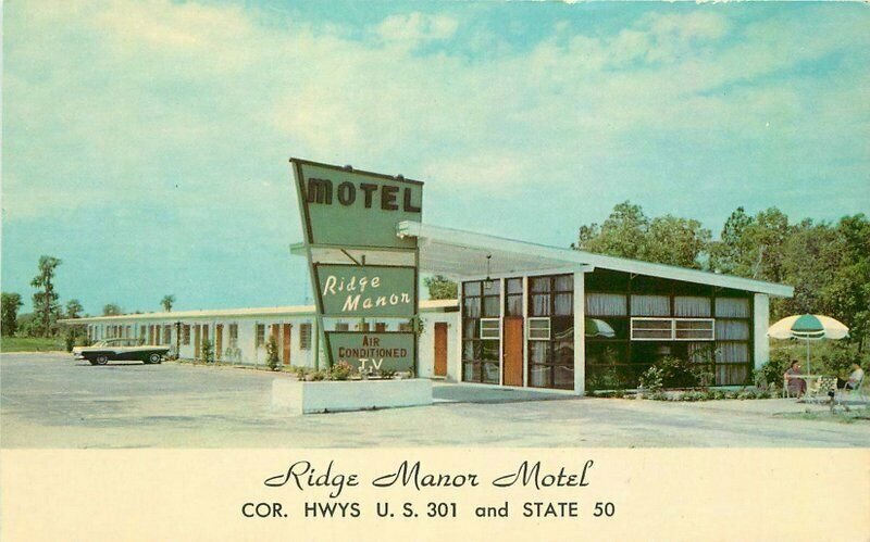 Florida Roadside Hwy 301 Ridge Manor Motel 1950s Postcard Snow Teich 20-1617