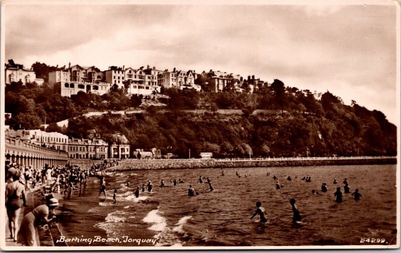 Vtg Bathing Beach Bathers Tourist Torquay Devon England RPPC Real Photo Postcard