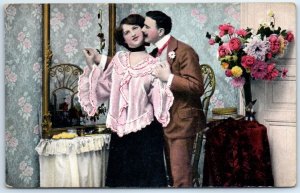 Postcard - Love/Romance Greeting Card with Lovers Kissing Flowers Picture