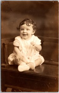 Baby Sitting On Chair White Dress Curly Hair Real Photo RPPC Postcard