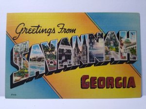 Greetings From Savannah Georgia Large Letter Linen City Postcard Unused Building