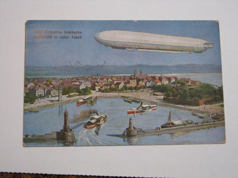 Postcard Germany Graf Zeppelin Harbor Scene 1909 Postmark Danube River Ulm City