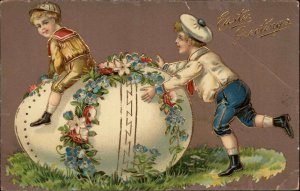 Easter Little Boys on Giant Decorated Egg c1910 Gel Vintage Postcard