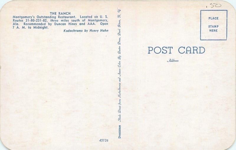 Montgomery AL~The Ranch Restaurant~Weathervane~Nice 1940-50s Cars~Postcard