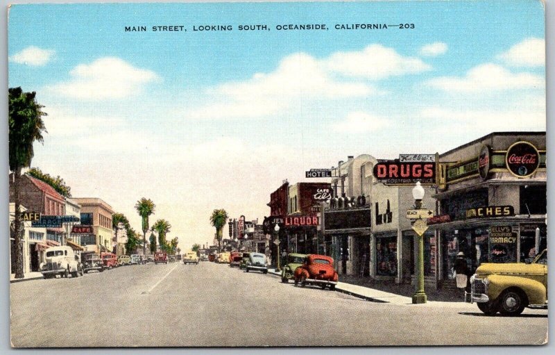 Oceanside California 1940s Postcard Main Street Looking South Drug Liquor Store