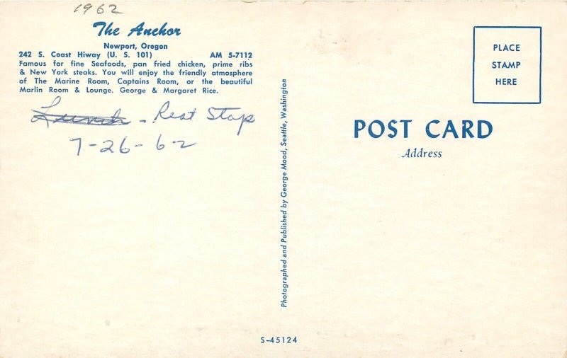 Postcard Oregon Newport 1962 The Anchor occupation roadside Mood 23-9765