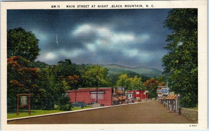 BLACK MOUTAIN, NC North Carolina  MAIN STREET Scene at Nite c40s Linen  Postcard