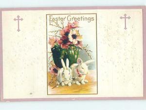 Pre-Linen easter WHITE BUNNY RABBITS BY FLOWERS IN ANTIQUE GREEN VASE hr1855