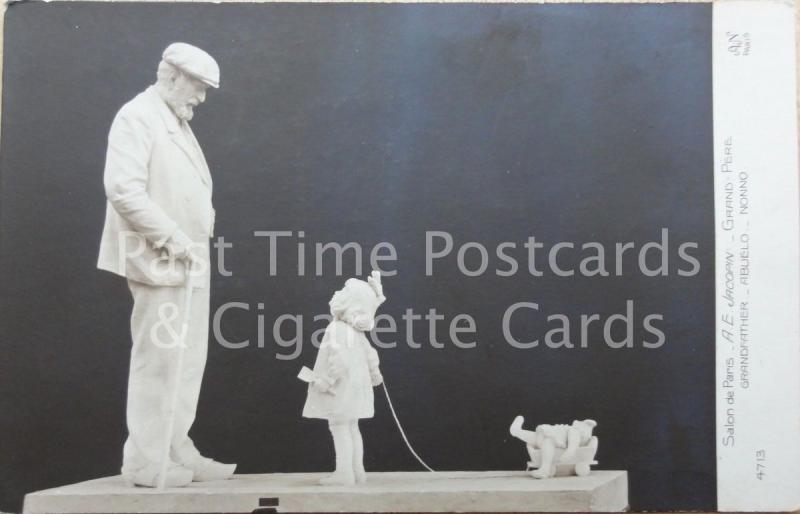 Grand Pere GRANDFATHER & LITTLE GIRL & TEDDY Salon De Paris, A.E. Jacopin Old RP