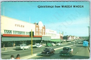 c1950s Wagga Wagga NSW AU Greetings Downtown Traffic Cars Stores Shops 4x6 PC M6