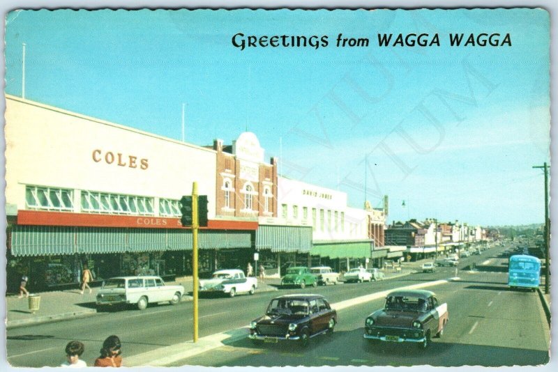 c1950s Wagga Wagga NSW AU Greetings Downtown Traffic Cars Stores Shops 4x6 PC M6