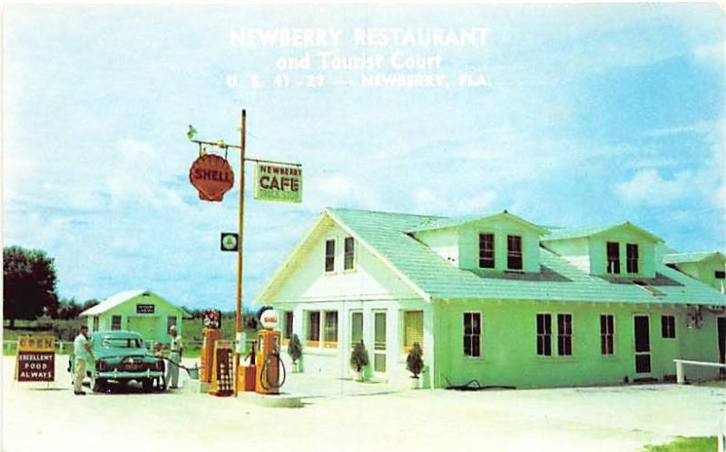 Newberry FL Shell Gas Station Old Car Pumps Postcard