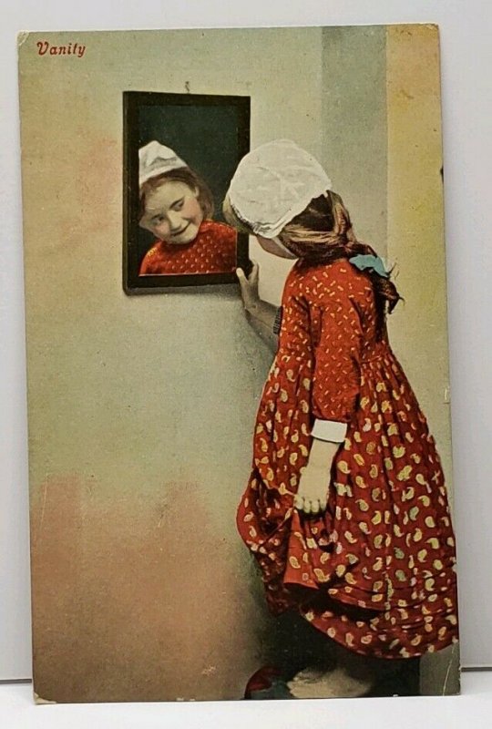 Vanity ~ Cute Little Girl Looks in Mirror 1909 Cabot to Butler Pa Postcard F20