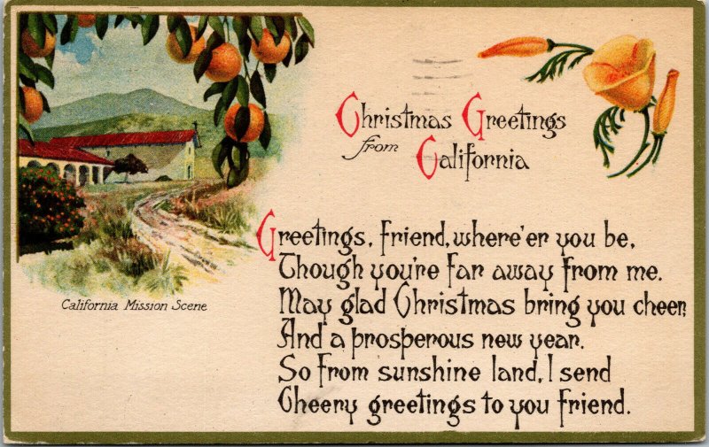 Vtg 1920s Christmas Greetings from California Mission Scene Poem Postcard