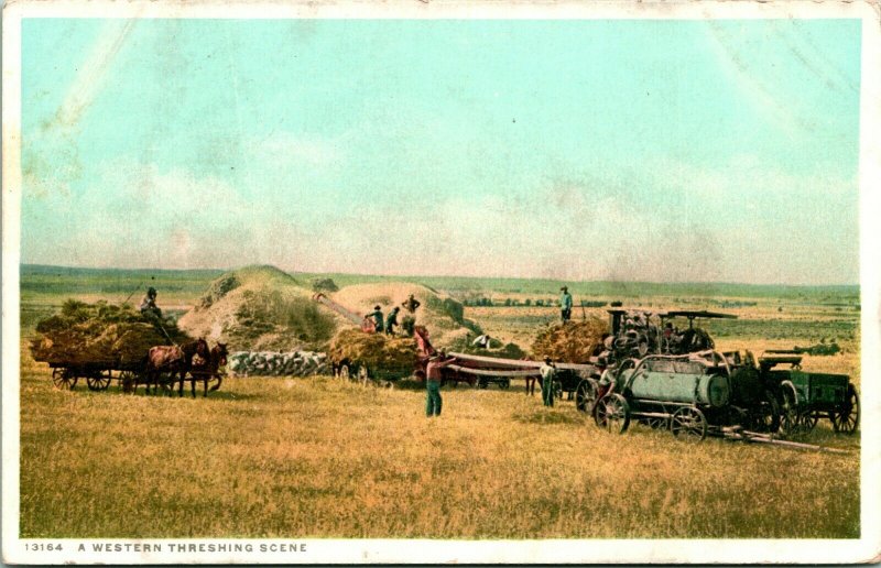 Vtg Postcard 1930s - A Western Threshing Scene Farming Detroit Publishing Unused