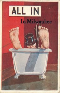 Postcard Wisconsin Milwaukee All in tub drunk Comic humor 23-1714