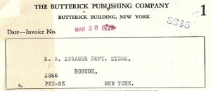 1929 THE BUTTERICK PUBLISHING CO NEW YORK BUTTERICK BLDG BILLHEAD RECEIPT Z4225