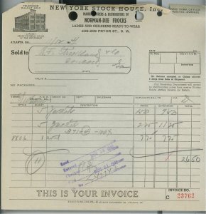 1944 New York Stock House Inc Pryor St. Atlanta GA Norman-Dee Frocks Invoice 335