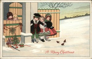 Christmas Little Boy with Girls Children Eyeing Toys and Tree Vintage Postcard