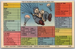 WWII Busy Aviator's Pilot Correspondence Comic Postcard Parachute